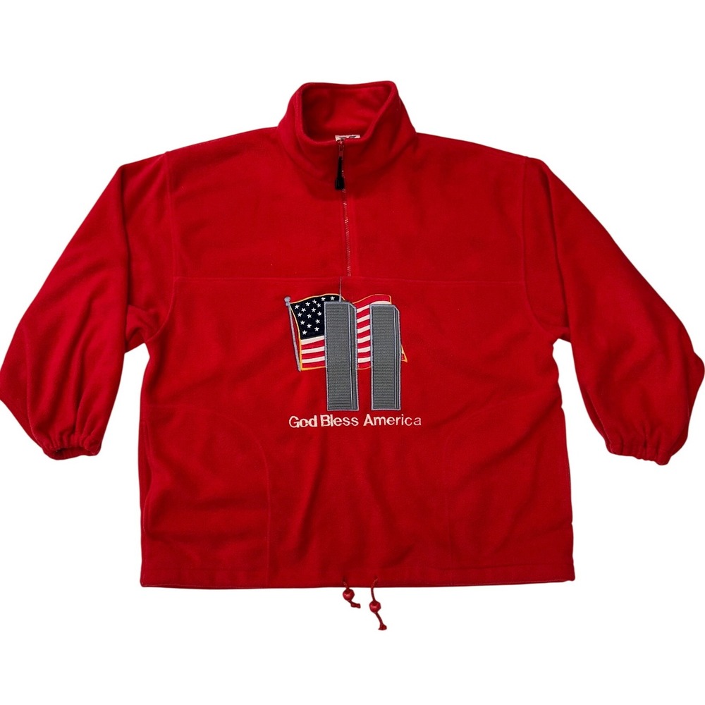 VTG XNT Fleece Pullover Red 9/11 Twin Towers God Bless America XL Women